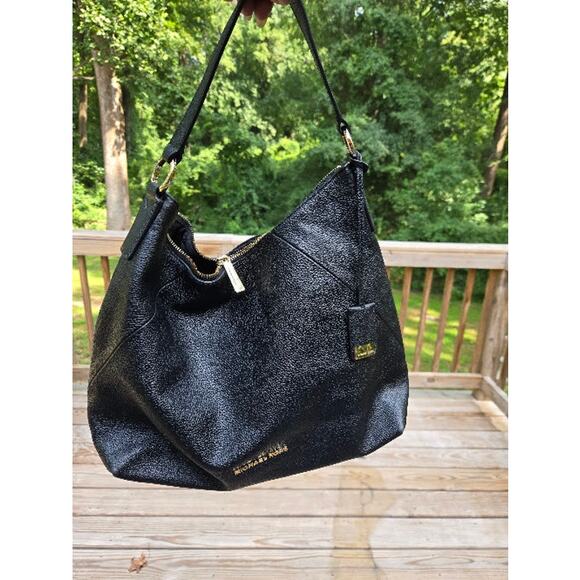 Michael Kors Karson Large Pebbled Leather Shoulder Bag  Black Purse Gold Hardwar - Picture 5 of 15